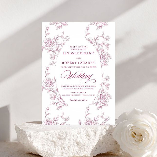 Invitación Boda con Patrón de Rosas Románticas Rosadas y Blan (Romantic Pink and White Rose Pattern Wedding Invite)