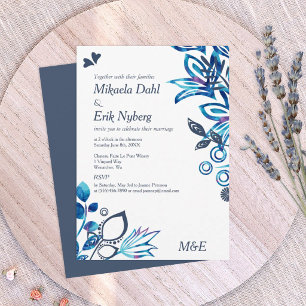 Invitación Boda con patrón floral azul y gris azulado