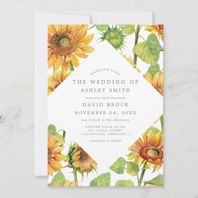 Invitación Boda con patrón floral de girasoles en acuarela (Anverso)