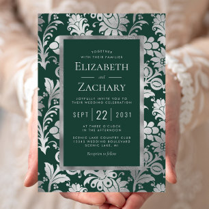 Invitación Boda con patrón floral plateado verde esmeralda