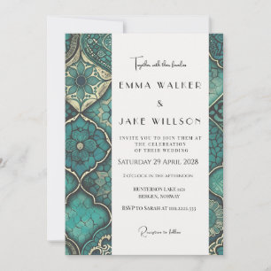 Invitación Boda con Patrón Verde Detallado Elegante y Audaz