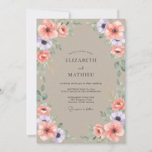 Invitación Boda con Peonía Coral Grisáceo