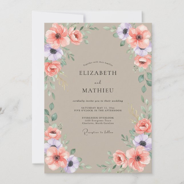 Invitación Boda con Peonía Coral Grisáceo (Anverso)