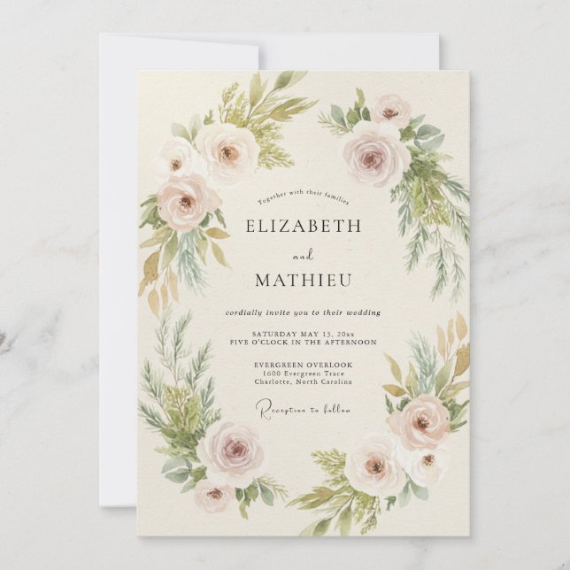 Invitación Boda con Peonía de Aceituna Champán (Anverso)