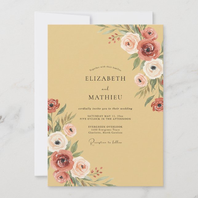 Invitación Boda con Peonía de Arcilla Mostaza (Anverso)