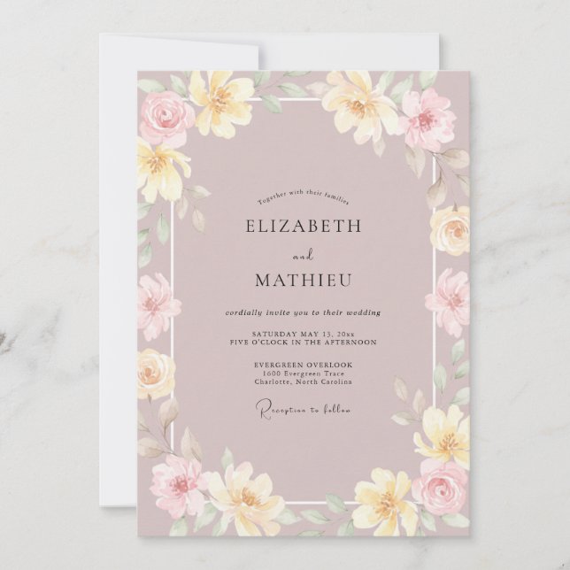 Invitación Boda con Pétalo Amarillo Pálido Malva (Anverso)