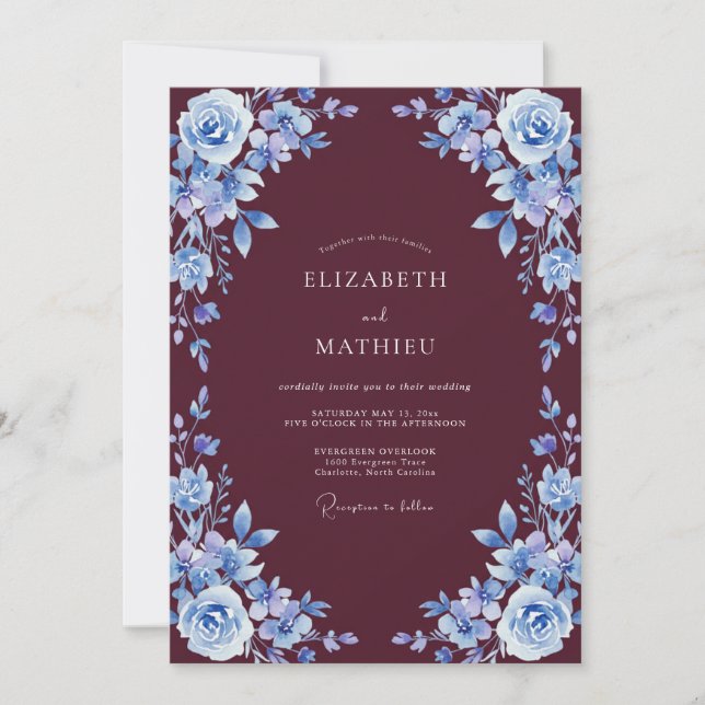 Invitación Boda con Pétalo Azul de Borgoña (Anverso)