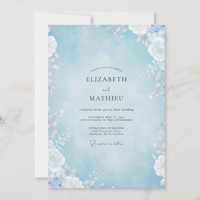 Invitación Boda con Pétalo Azul Polvo (Anverso)
