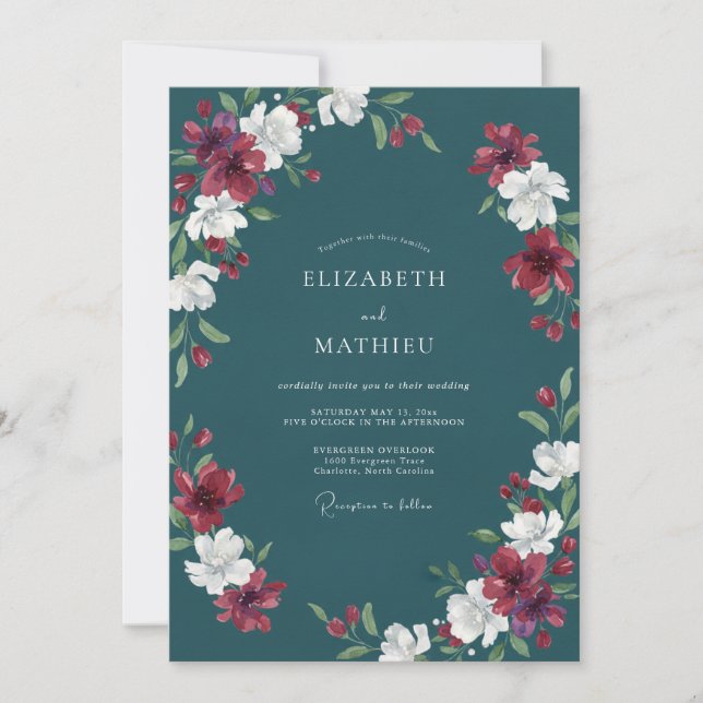 Invitación Boda con Pétalo Carmesí Teal (Anverso)