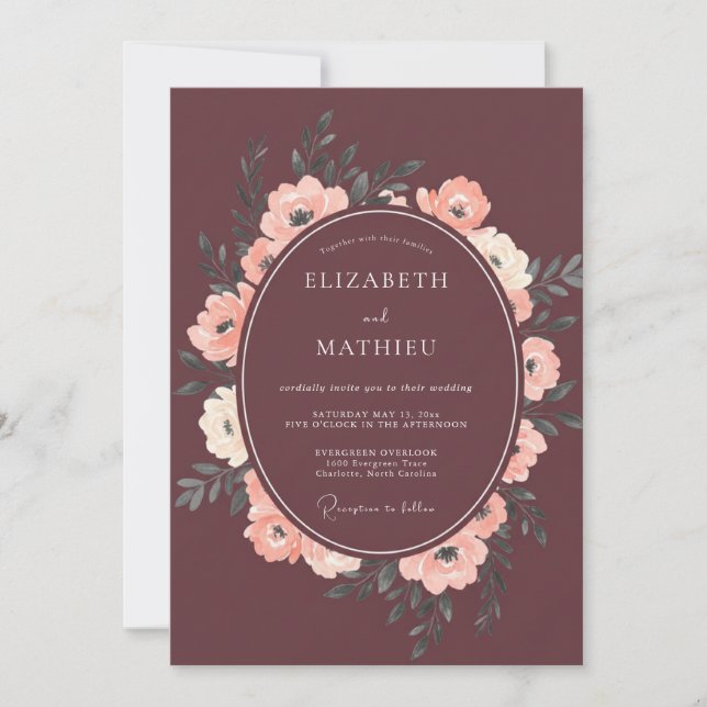 Invitación Boda con Pétalo de Champán Granate (Anverso)