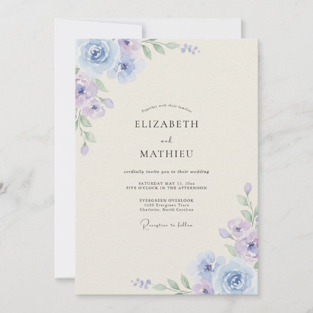 Invitación Boda con Pétalo de Lila Celeste (Anverso)