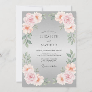 Invitación Boda con Pétalo de Plata y Hojas Rosadas