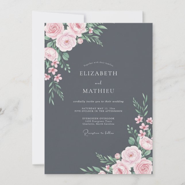 Invitación Boda con Pétalo de Rosa Pálido Slate (Anverso)