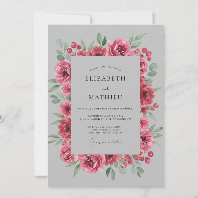Invitación Boda con Pétalo Gris Fucsia (Anverso)