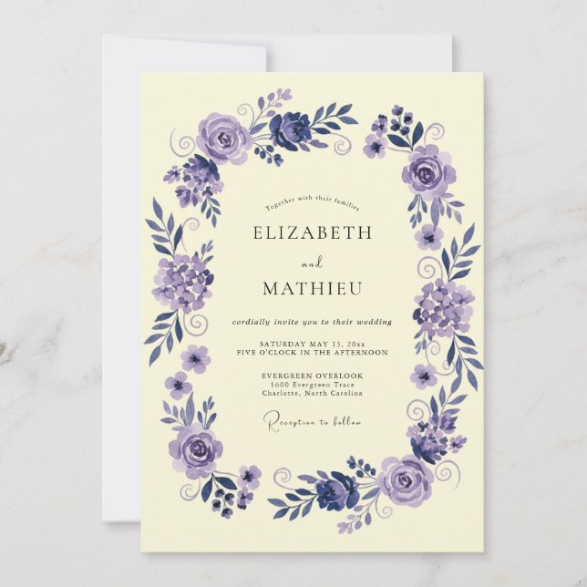 Invitación Boda con Pétalo Índigo Lavanda (Anverso)