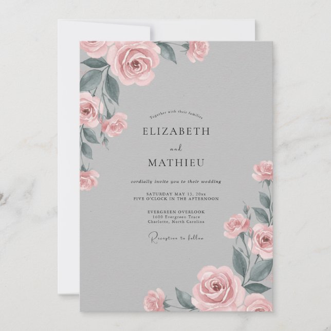 Invitación Boda con Pétalo Rosa Pálido Gris (Anverso)