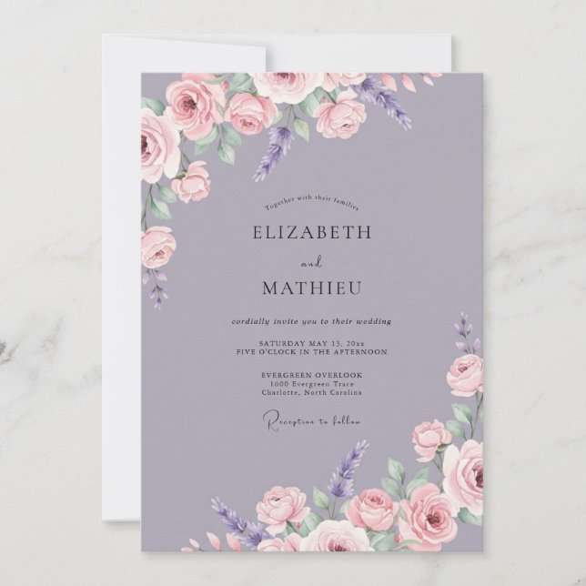 Invitación Boda con Pétalo Violeta Polvoriento (Anverso)