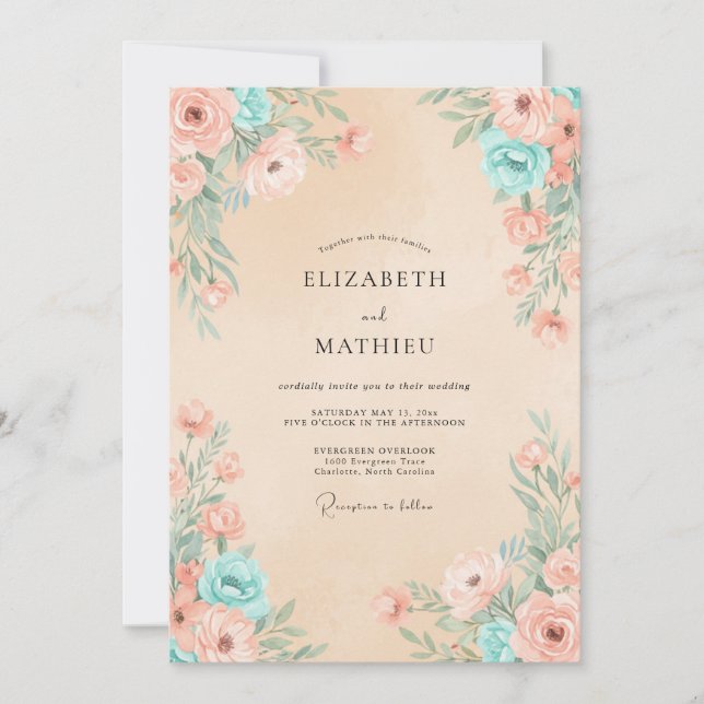 Invitación Boda con Pétalos de Aqua Champagne (Anverso)