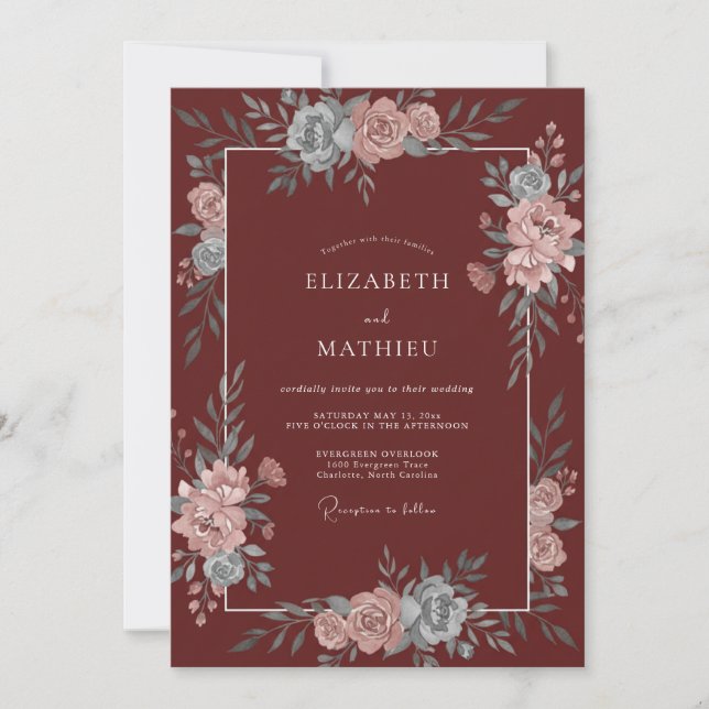 Invitación Boda con Pétalos de Azul Profundo Borgoña (Anverso)