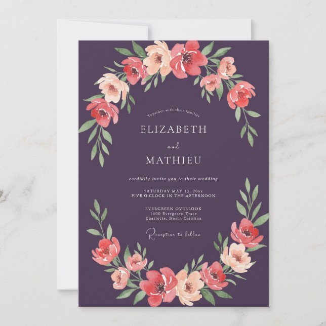 Invitación Boda con Pétalos de Coral Ciruela (Anverso)