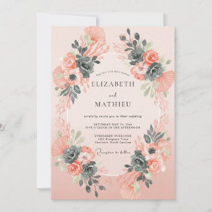 Invitación Boda con Pétalos de Coral Polvoriento y Pizarra