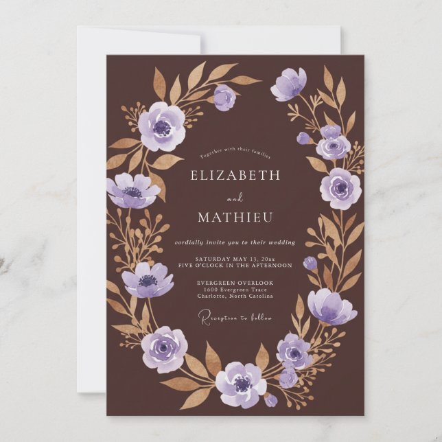 Invitación Boda con Pétalos de Lavanda Caoba (Anverso)