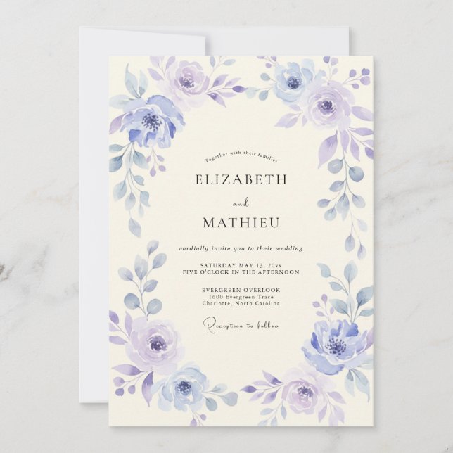 Invitación Boda con Pétalos de Lavanda Periwinkle (Anverso)