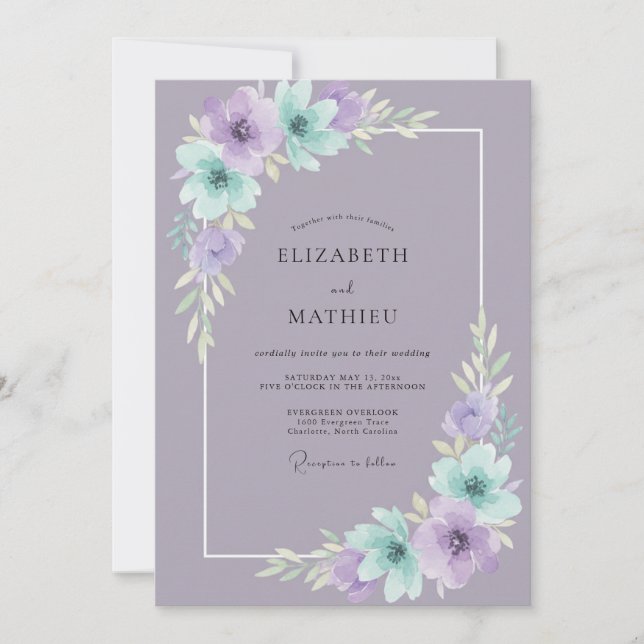 Invitación Boda con Pétalos de Lila Suave y Menta (Anverso)