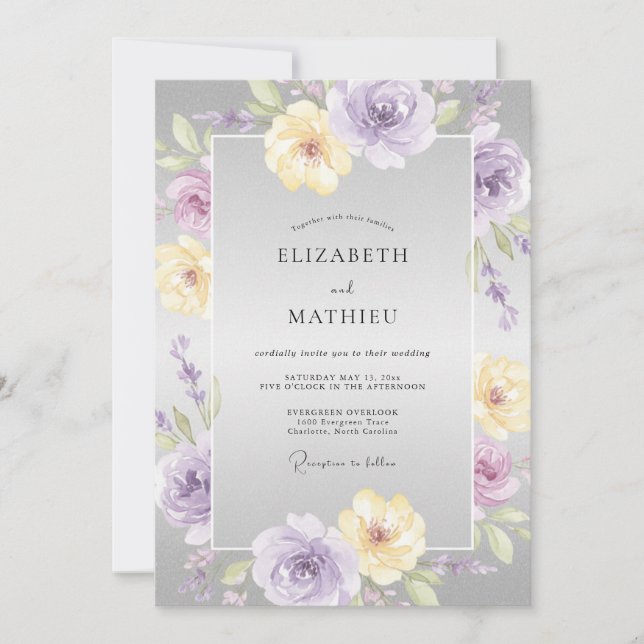 Invitación Boda con Pétalos de Lila y Amarillo (Anverso)