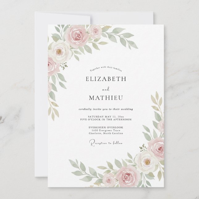 Invitación Boda con Pétalos de Pastel Rosa Hoja (Anverso)
