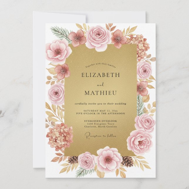 Invitación Boda con Pétalos de Rosa Polvo de Oro (Anverso)