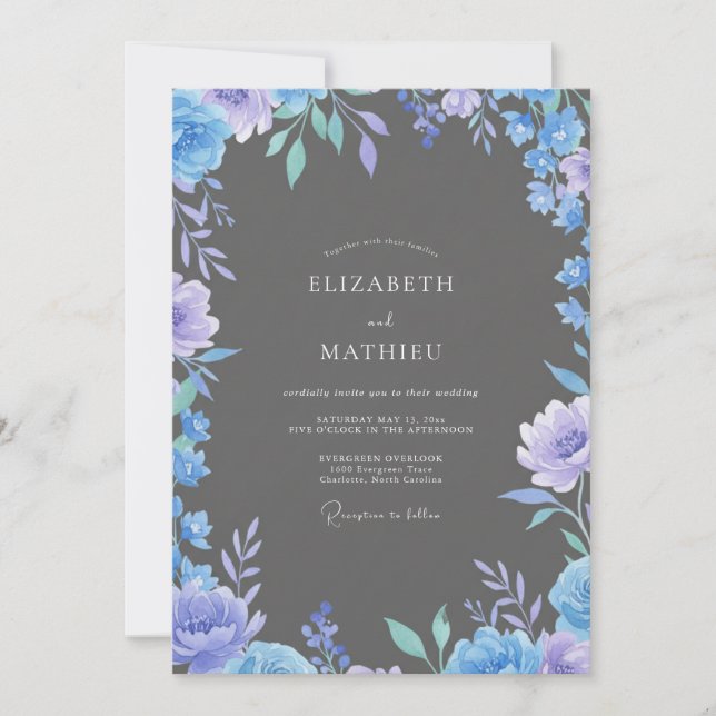 Invitación Boda con Pétalos de Slate y Periwinkle (Anverso)