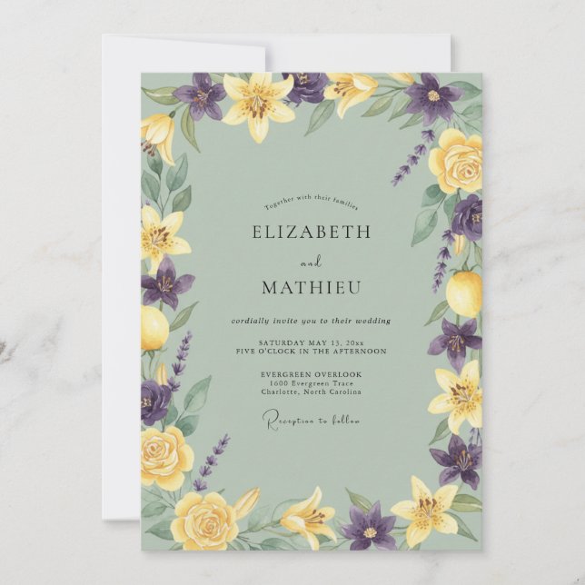 Invitación Boda con Pétalos de Violeta Amarillo (Anverso)