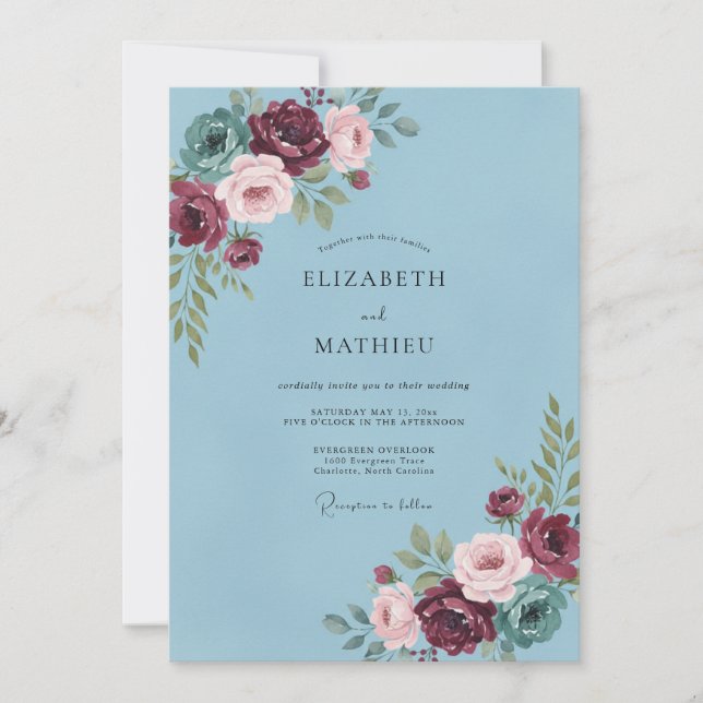 Invitación Boda con pincelada de flor azul (Anverso)
