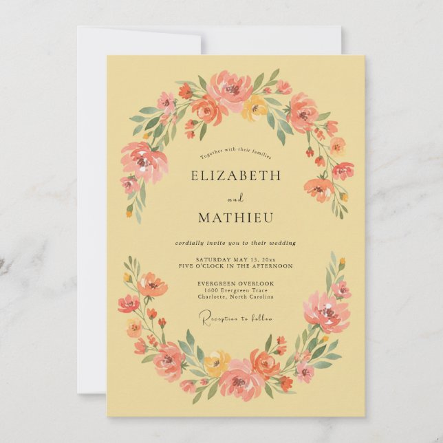 Invitación Boda con pincelada de flor de coral (Anverso)