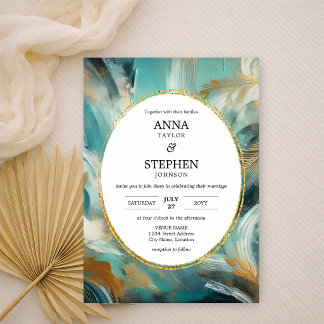 Invitación Boda con pincelada de lujo turquesa y dorado