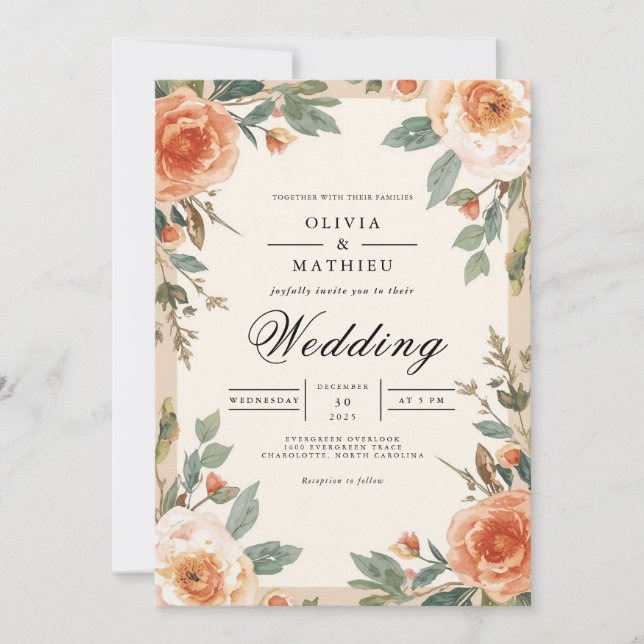 Invitación Boda con pincelada floral ámbar (Anverso)