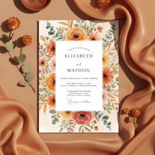 Invitación Boda con pincelada floral de naranja quemada
