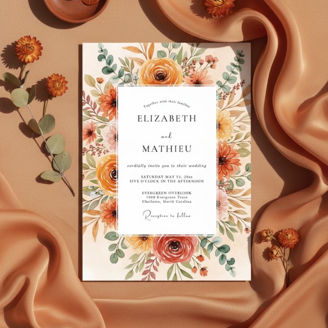 Invitación Boda con pincelada floral de naranja quemada (Subido por el creador)
