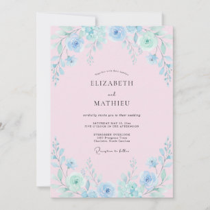 Invitación Boda con pinceladas florales de azul pálido