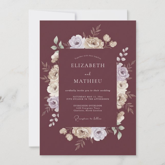 Invitación Boda con pinceladas florales granate (Anverso)