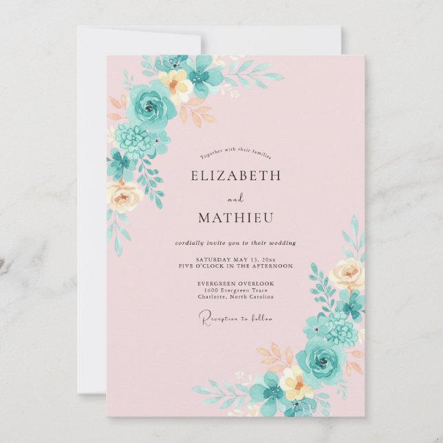 Invitación Boda con pinceladas florales turquesas (Anverso)