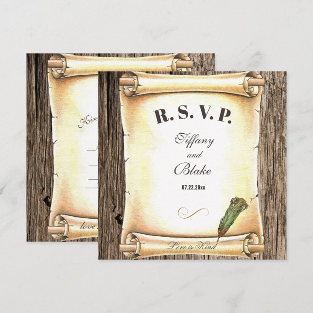 Invitación Boda con Pluma de Ave y Pergamino Único  (Anverso / Reverso)