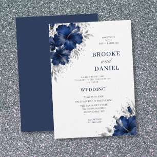 Invitación Boda con polvo de plata y hibisco azul marino acua