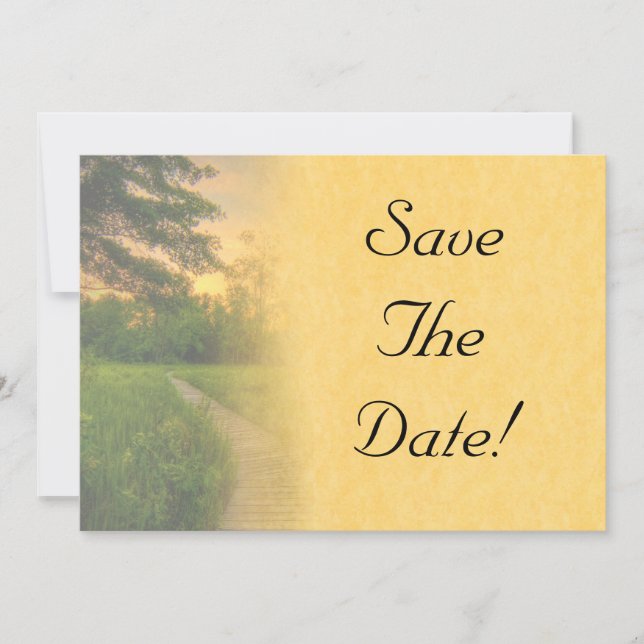 Invitación Boda con puesta de sol campestre, guárdala fecha (Anverso)