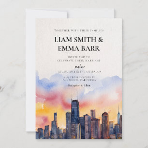 Invitación Boda con puesta de sol en acuarela del horizonte d
