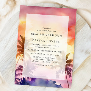 Invitación Boda con puesta de sol tropical en acuarela