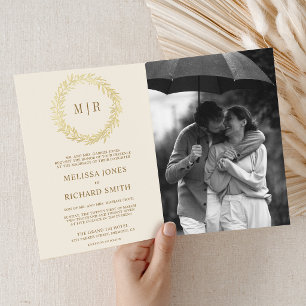 Invitación Boda con rama de hoja dorada y código QR