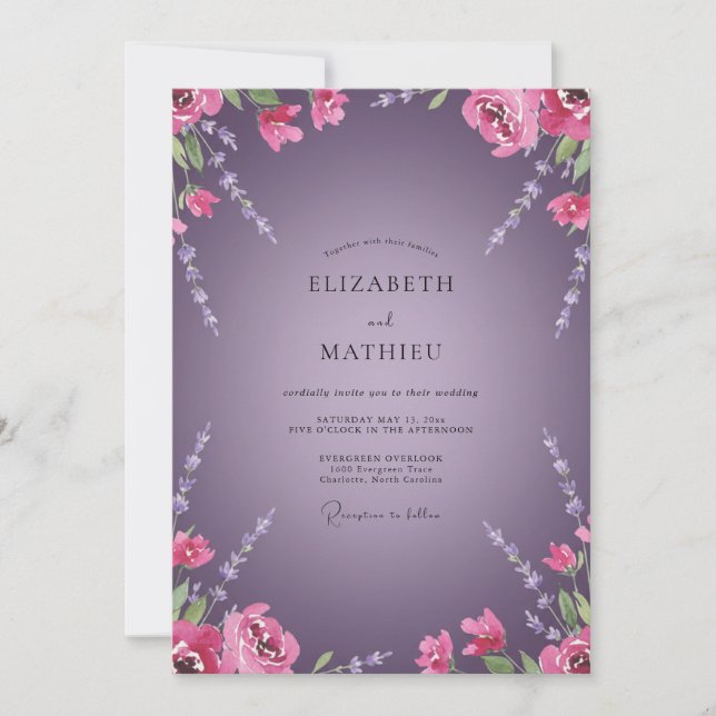 Invitación Boda con ramita pintada de violeta profundo (Anverso)