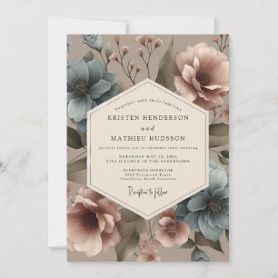 Invitación Boda con Ramo Vintage Azul Polvoriento